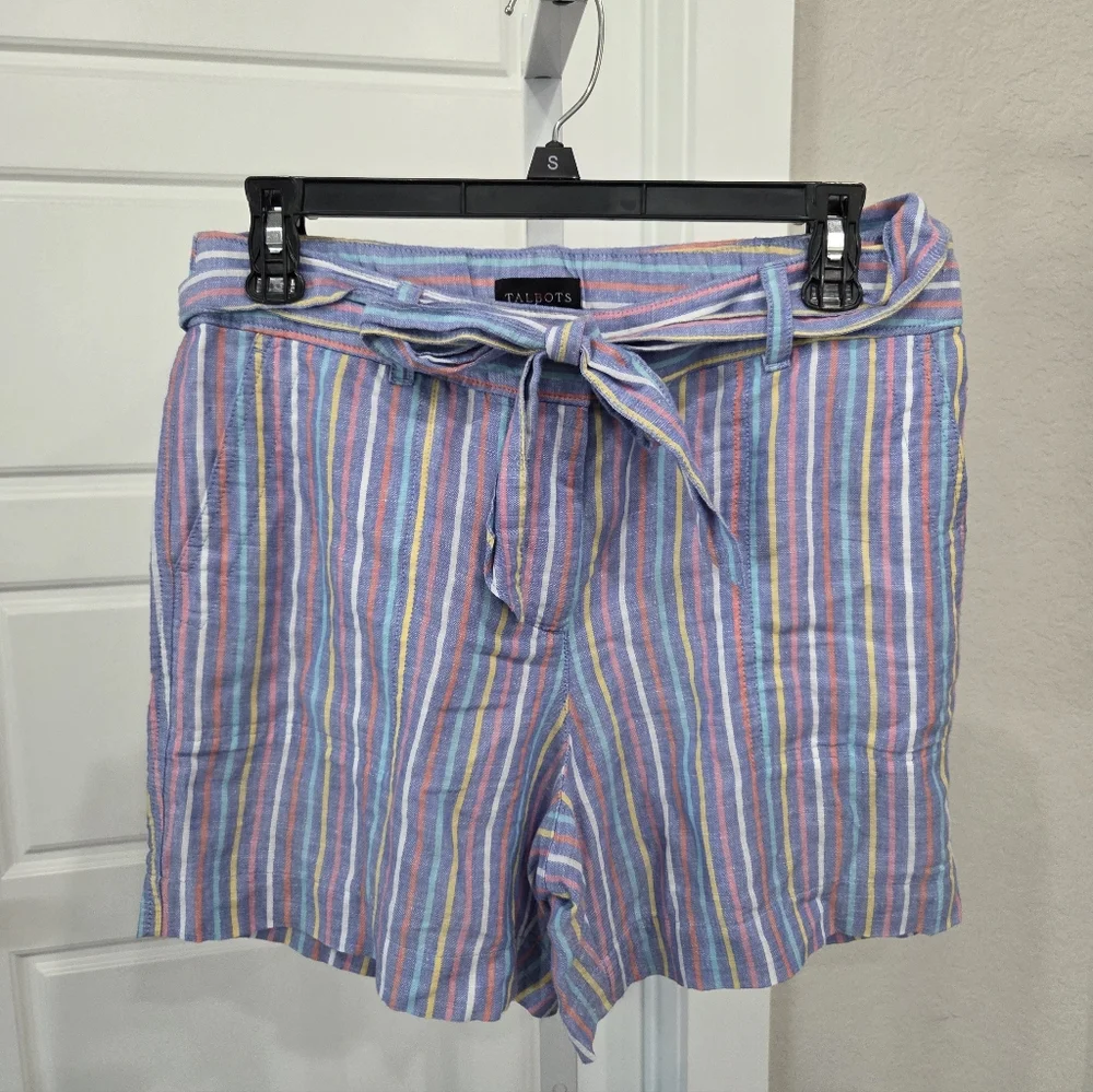 TALBOTS WOMEN'S LINEN STRIPPED SHORTS WITH TIE BELT SIZE 4P